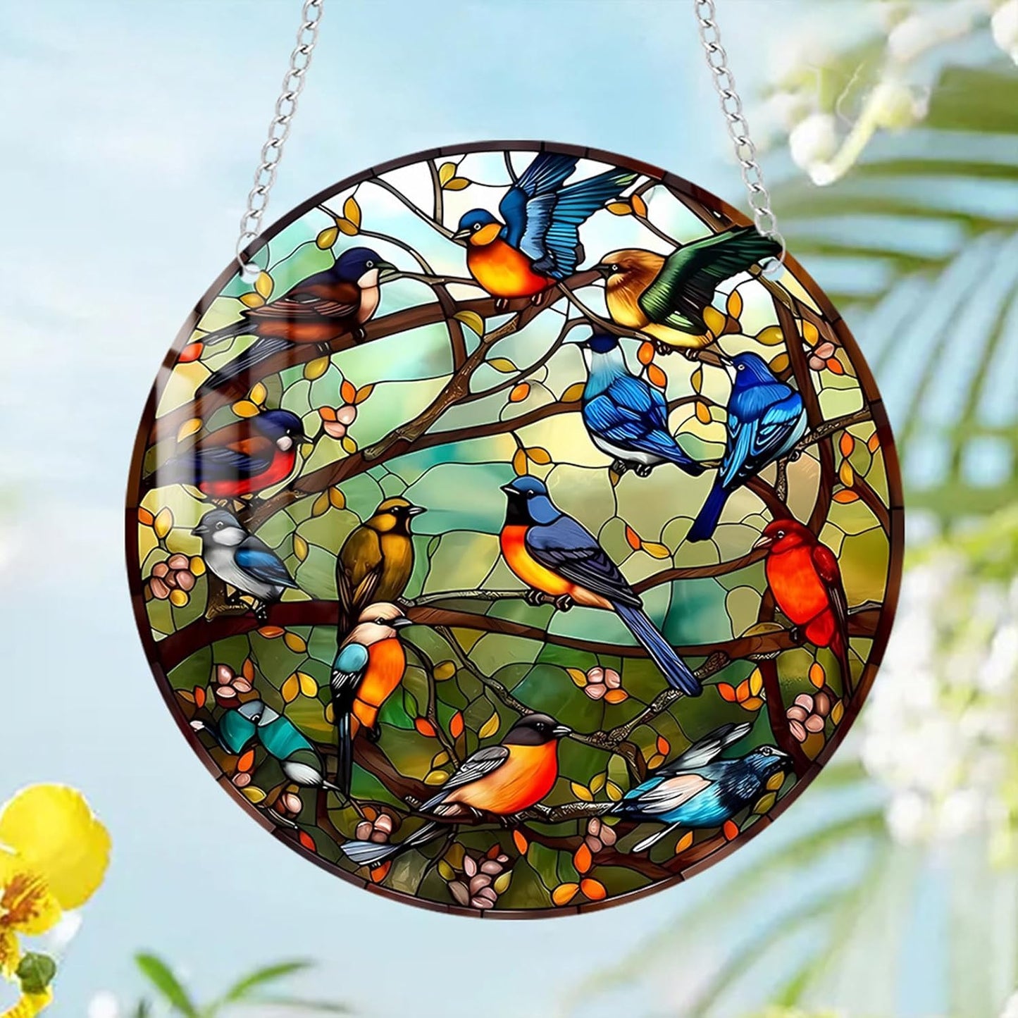 Stained Glass Window Hanging Suncatcher – Paint Cardinal & Hummingbird Panel, Round Glass Ornament, Birds on a Branch Nature Decor, Colorful Gift for Bird Lovers, Family, and Friends 5.9x5.9 in