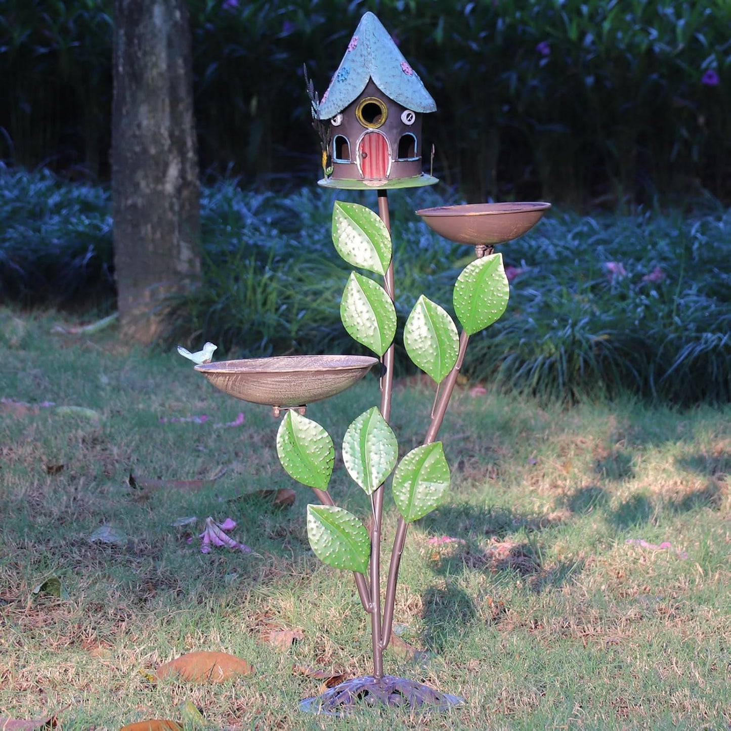 38" H Cast Iron Pedestal Bird Bath, Bird Baths for Outdoors with Metal Bird House Bird Feeder 3-in-1, Garden Yard Lawn Decor