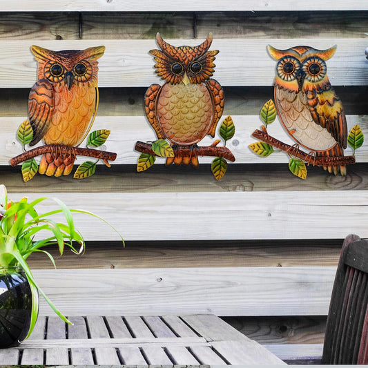 Owl Decor Metal Wall Art Outdoor Indoor,9 Inch Set of 3,Exquisite Owl