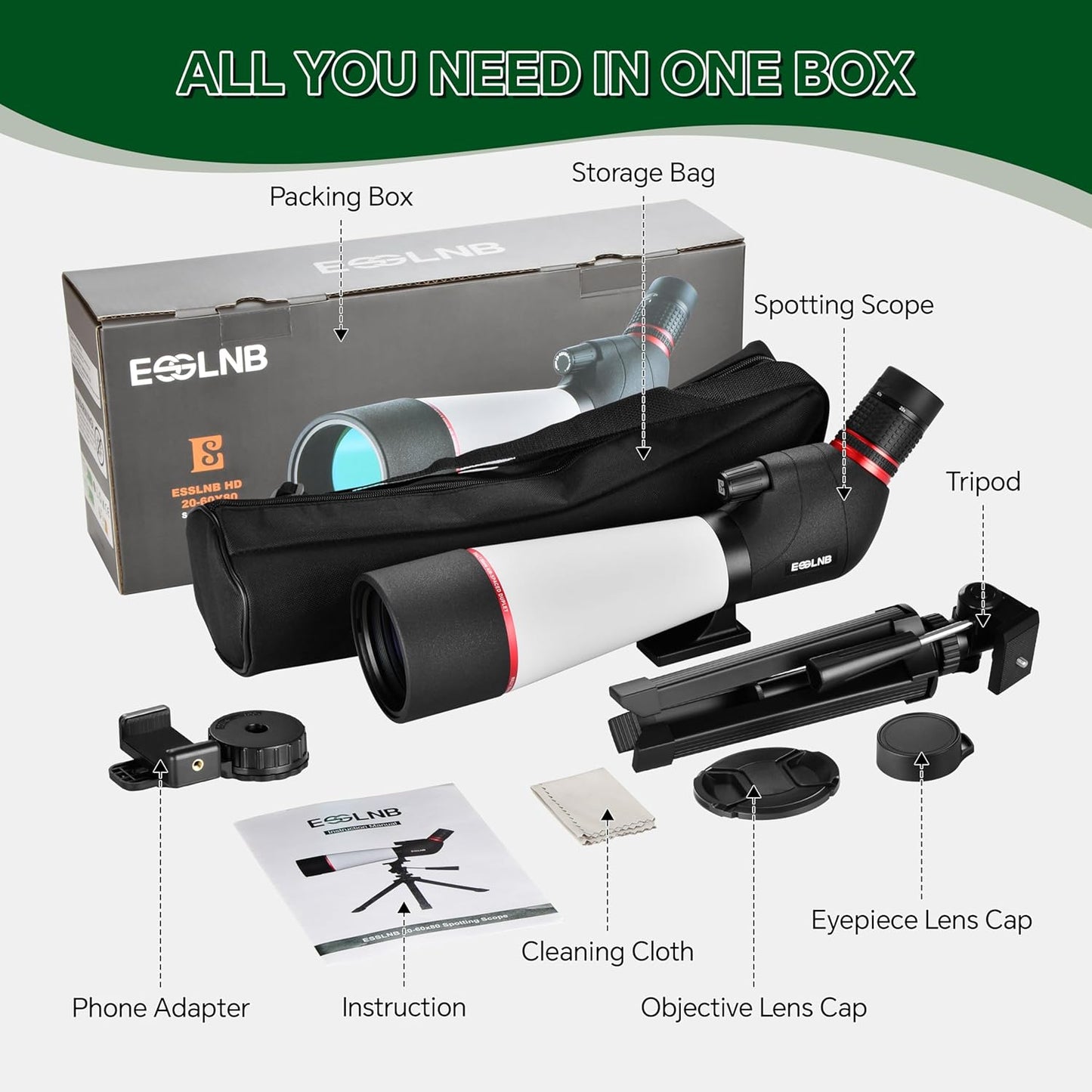 ESSLNB Spotting Scope with Tripod and Phone Adapter BAK4
