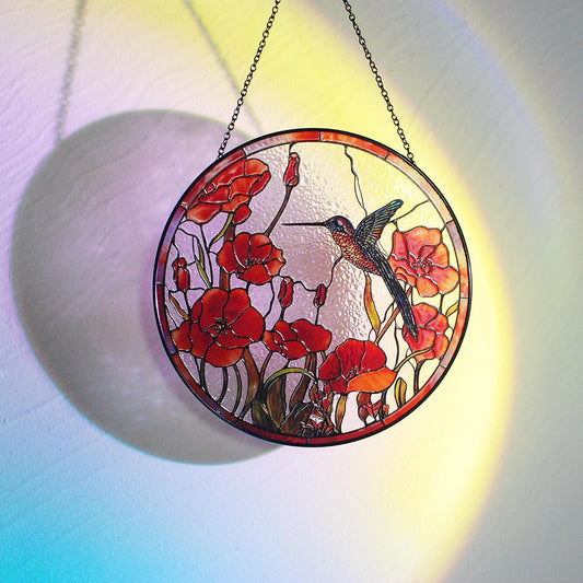 8'' Hummingbird Suncatcher Stained Glass Suncatchers - Originally Designed Red Poppies Ornament for Sun Catcher Indoor Window | Gifts for Hummingbird Lovers Painted Glass Panel Decor