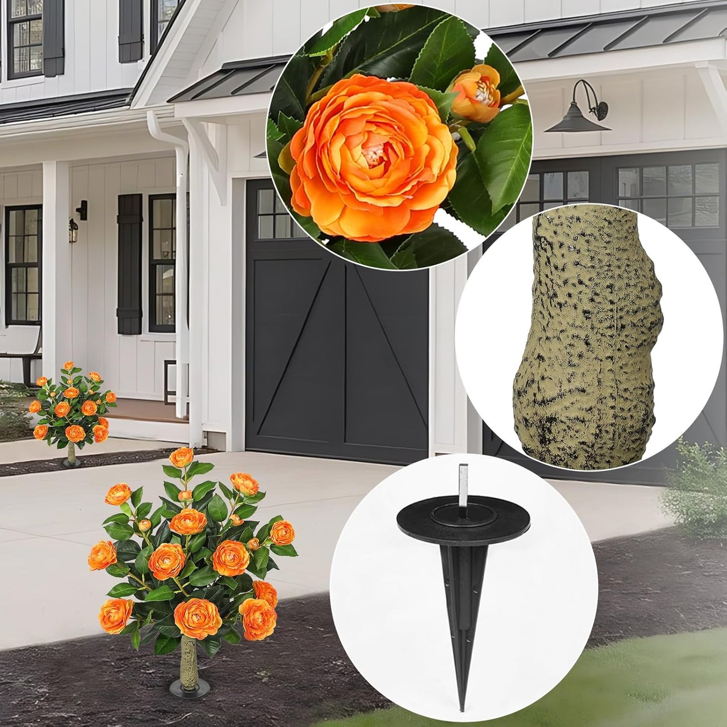 33" Artificial Camellia Tree with Ground Spike, Faux Bushes Plants with Fake Flowers, 2 Pack Realistic Blooming Shrubs for Front Porch Pots, Patio Yard Landscape, Outdoor Garden Walkway Decor, Orange
