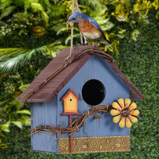 Hanging Bird Houses for Outside Decorative Birdhouse, Garden Bird Feeders for Outdoors, Blue Wooden Bird Nest Box for Wren Finchs Hummingbird Cardinal Bluebird Wild Birds, Gift for Bird Lovers