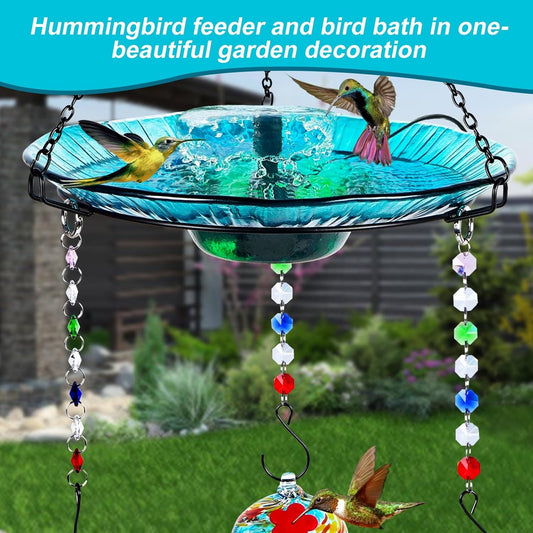 Hummingbird Feeder and Bird Bath for Outdoors 2-in-1 for Small Birds - Hummingbird Bath Fountain with 3 Red Feeder Pots - Hanging Solar Bird Bath Fountains NY1-FN04
