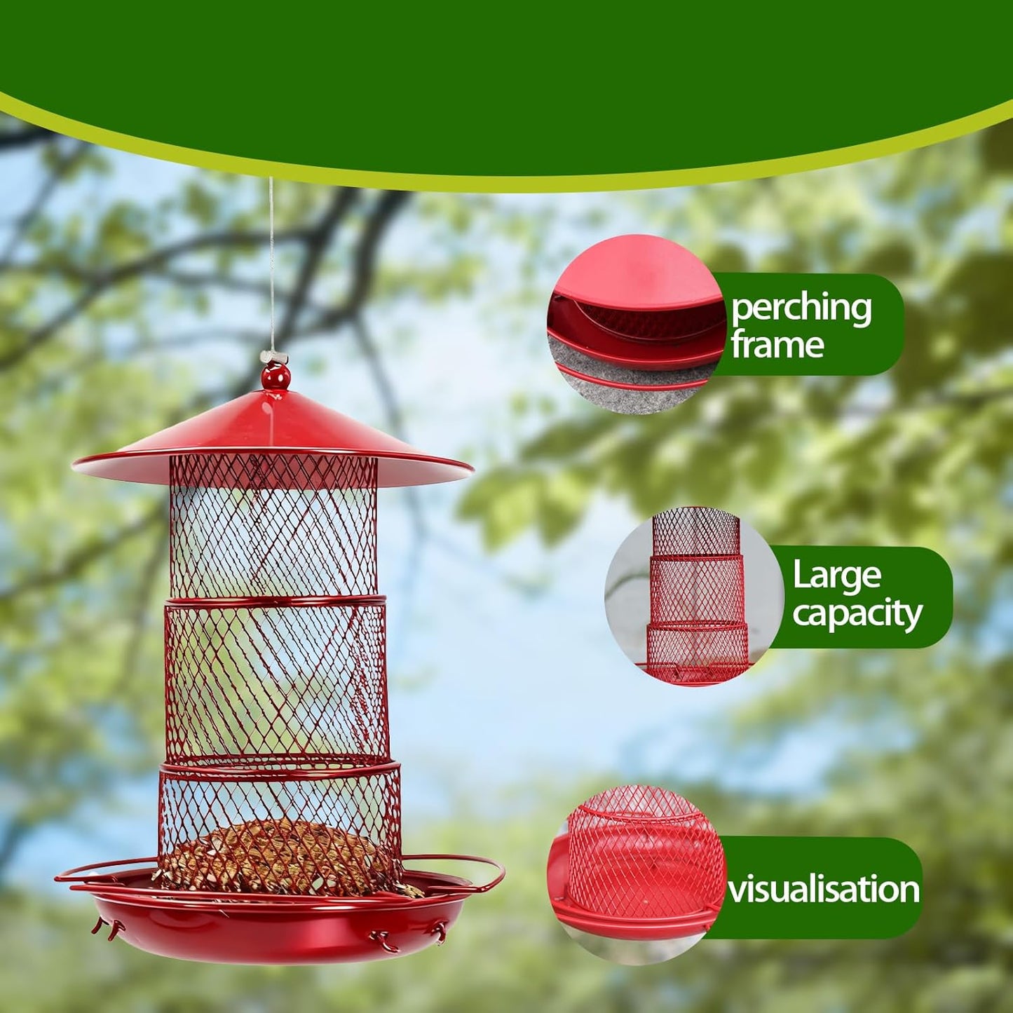 Three-Tier Metal Hanging Bird Feeder Durable and Sturdy, red Finish Large Capacity with Perch Mesh Design Features Drainage Holes (Red)
