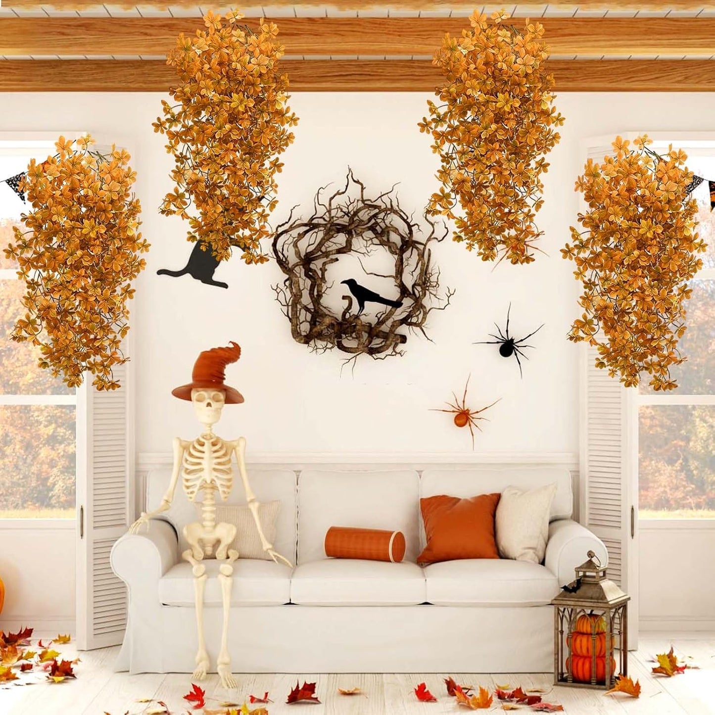 SNAIL GARDEN 4 Pack 240 Leaves Artificial Hanging Plants, 39.3” Fall Plant with Flower-Shaped Leaves, Detachable Stems for DIY Fall Decor, Indoor Outdoor Autumn Decorations for Home, Porch, Front Door