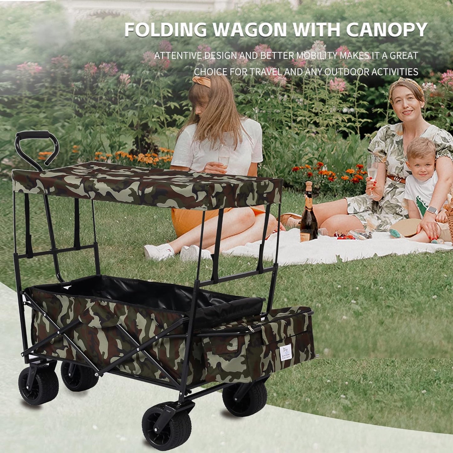 Outdoor Garden Park Wagon with Canopy and Pockets, Foldable Portable Utility Beach Trolley Cart with 7" Wheels for Camping Garden Sports (262LBS Max Weight Capacity) Dark Green Black As Shown