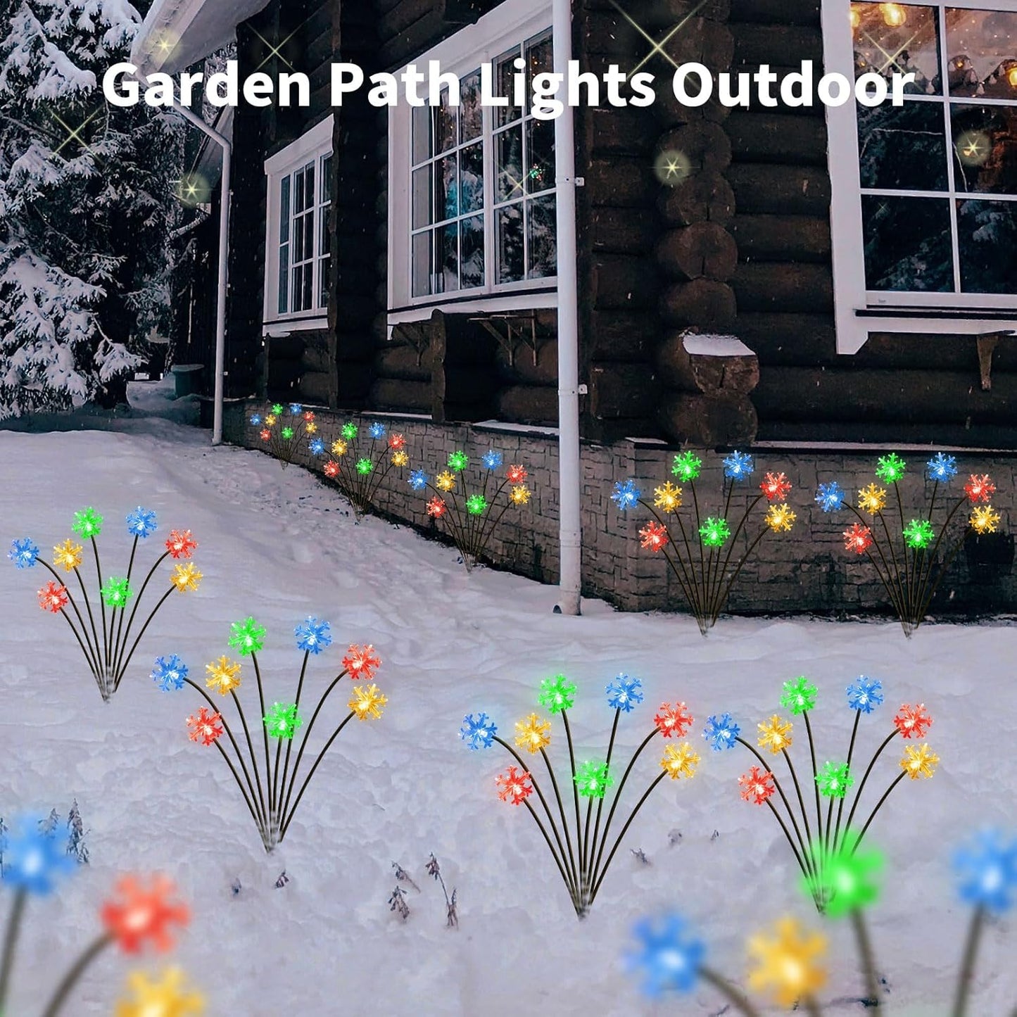 Set of 4 Snowflake Solar Christmas Decorations, 8 Modes Swaying Garden Lights, Outdoor Pathway Solar Christmas Stake Lights, Upgraded Base on Firefly Light for Lawn Decor (Multicolor)