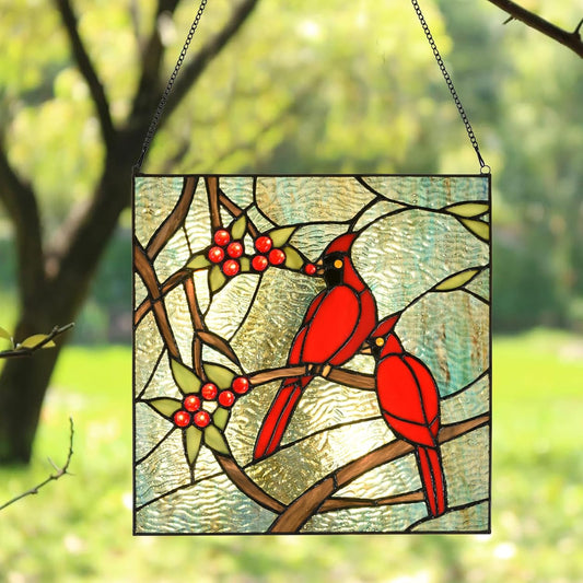 PA0008 Cardinal Stained Glass Window Panel- Tiffany Style Window Hanging- Red Bird Ornaments -12" Wx12 H Suncatcher- Wall Decorations for Home Office