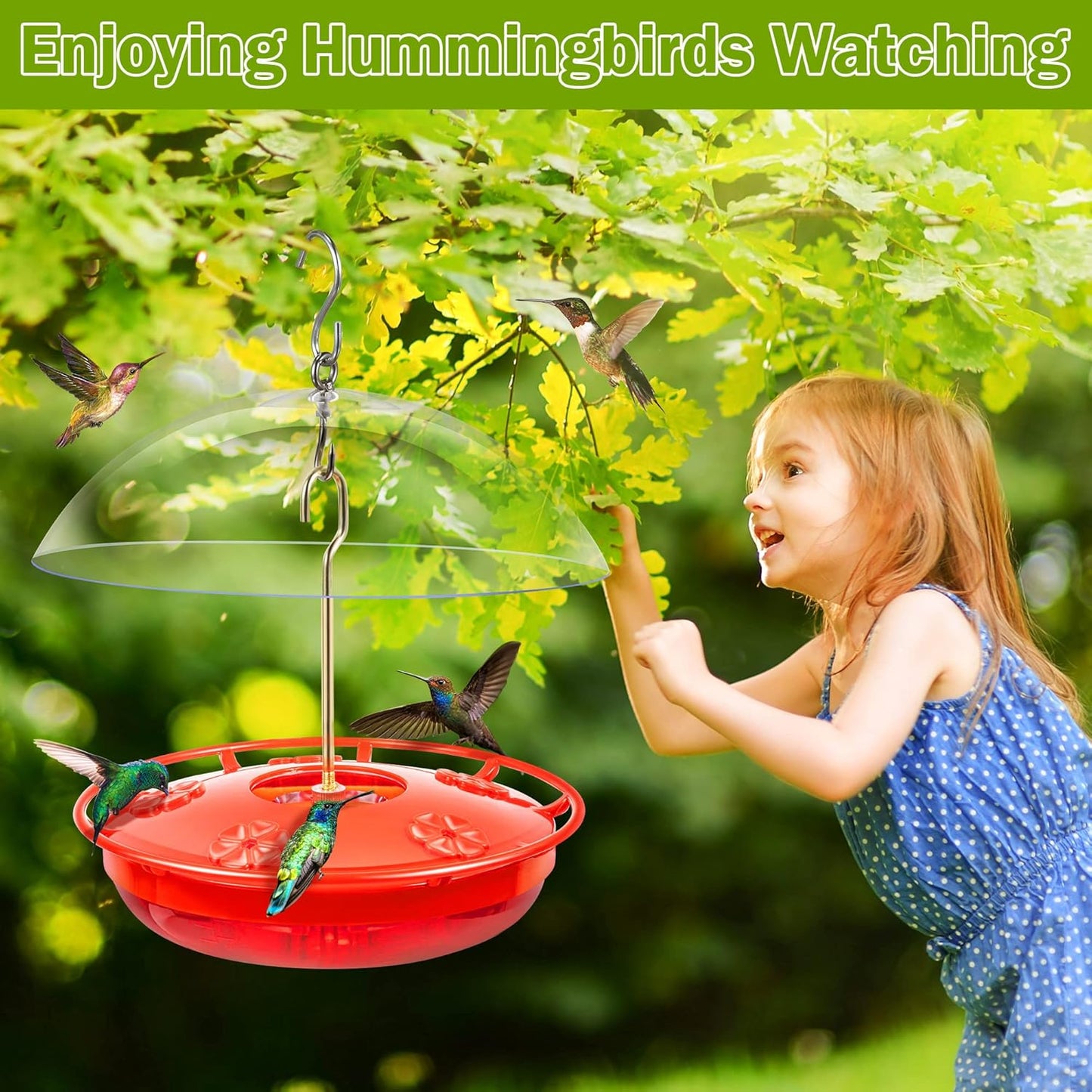 15.5 OZ Hanging Hummingbird Feeders for Outdoors with Rain Guard, Leak Proof Saucer Humming Bird Feeders with Ant Moat, 5 Flower Feeding Ports and Cleaning Brush for Garden Yard Patio (1 Pack)