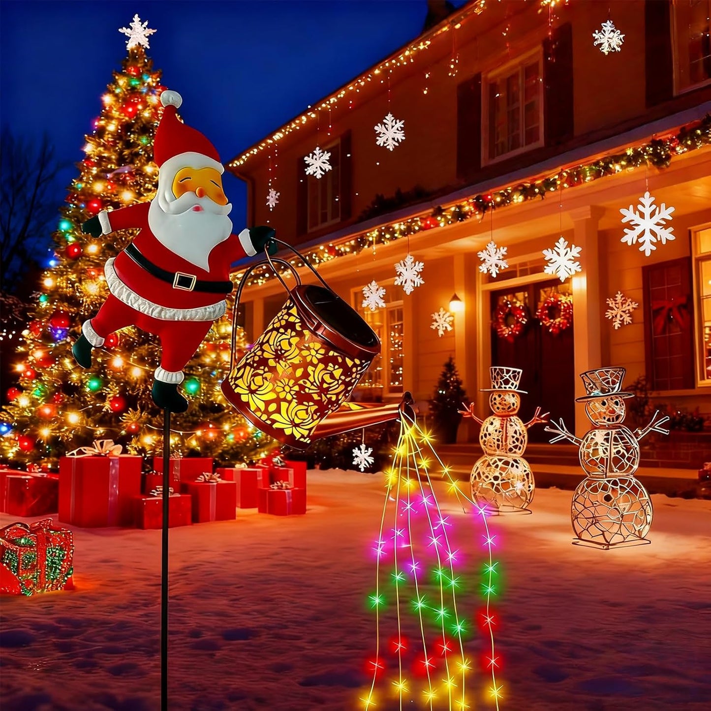 Christmas Solar Kettle Lights Garden Lawn Decorative Lights, Garden Christmas Lights Santa Claus Watering Can Lantern with Led Light Outdoor Waterproof Solar Lantern (A-Multicolor, One Size)