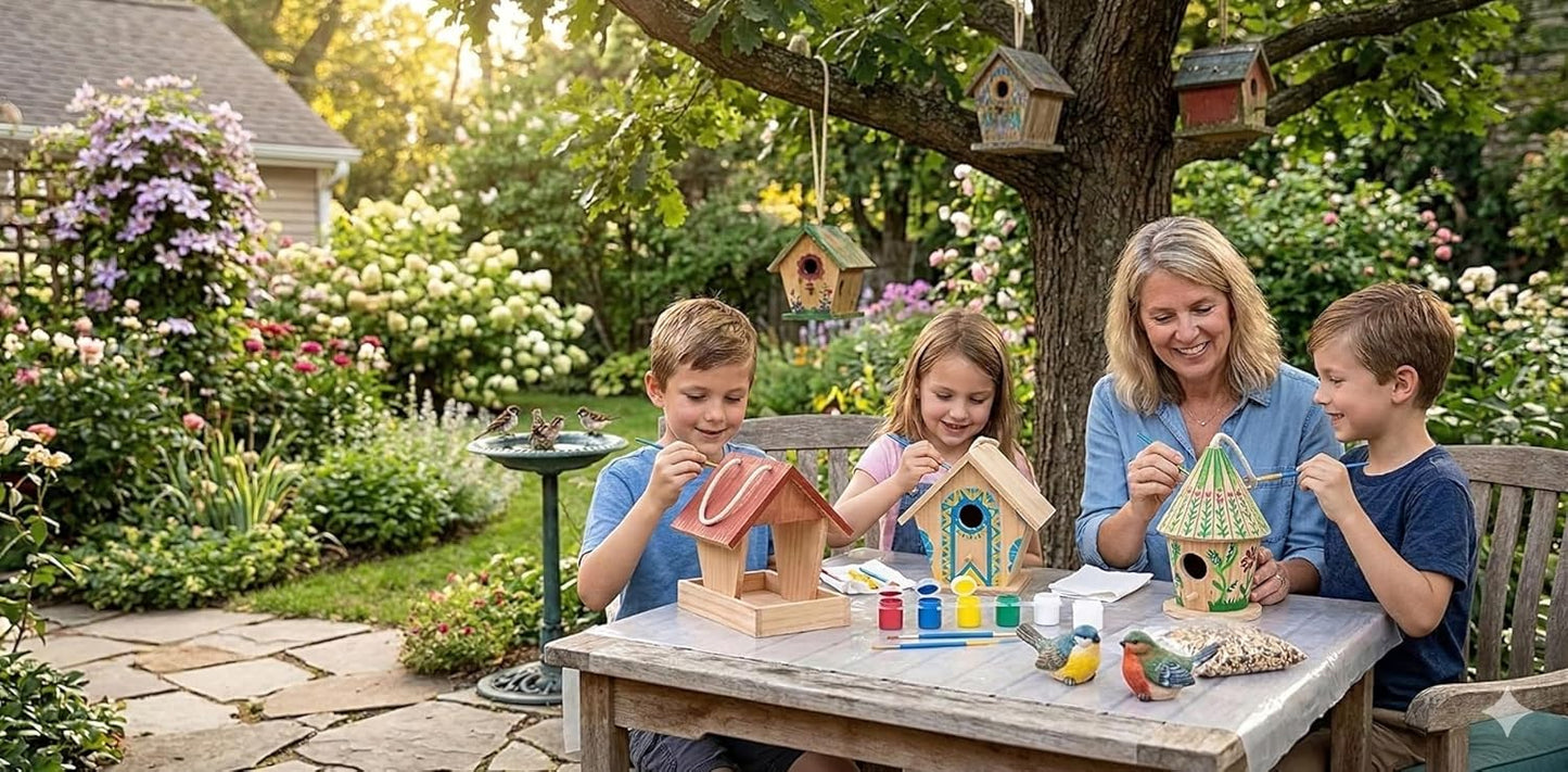3-Piece DIY Birdhouse Set with Feeder – Includes 2 Wooden Bird Houses & 1 Bird Feeder, Large Paintable Craft Kit for Kids & Adults, Ideal for Home, Garden & Outdoor Decor