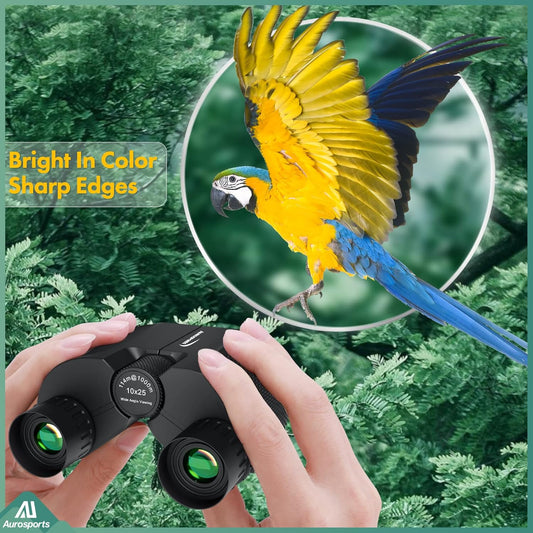 Aurosports 10x25 Binoculars for Adults and Kids, Large View Compact Binoculars for Bird Watching, Easy Focus Small Binocular with Low Light - Ideal for Theater Concerts Travel Hunting Hiking