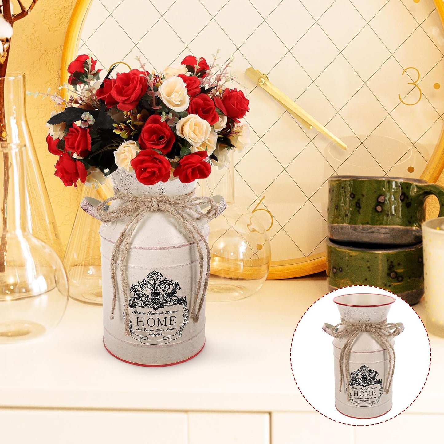 Vintage Rustic Iron Flower Vase Milk Jug Planter, French Style Dual-Handle Metal Floral Arrangement Pot for Home Décor and Living Room Table Centerpiece, Beige