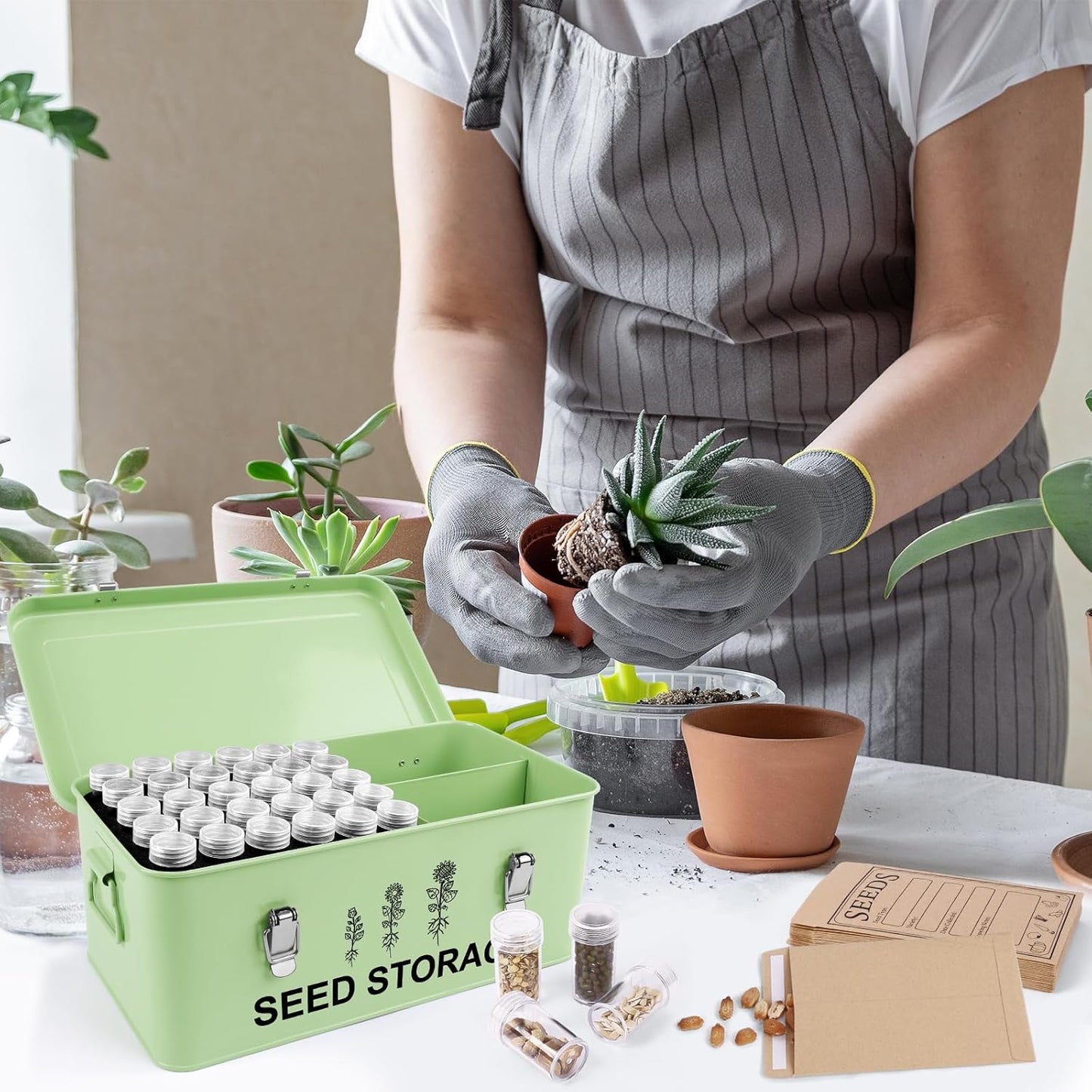 60 Slots Seed Storage Organizer, Metal Seed Saving Box with Lid and Sa
