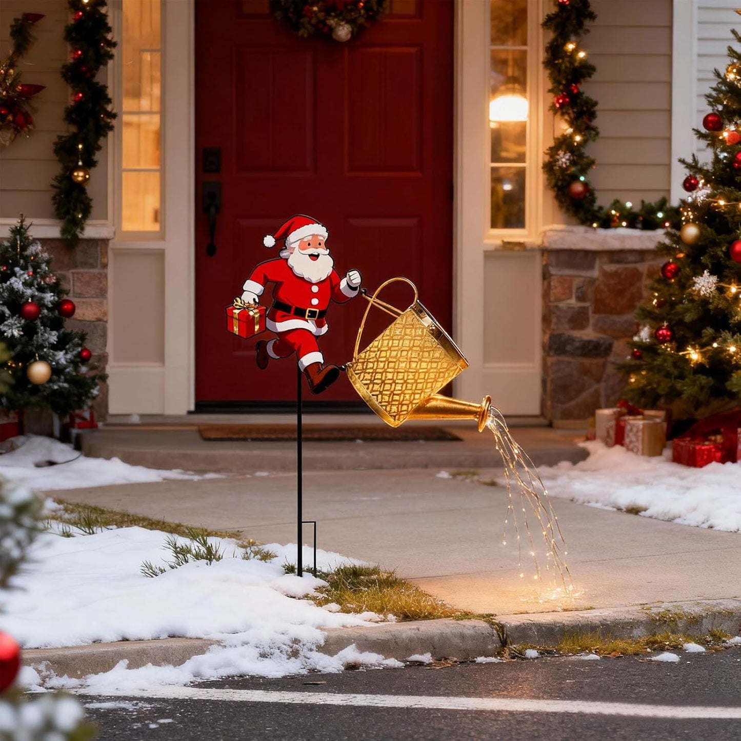 Santa Article Solar Kettle Light, Christmas Holiday Decoration, Garden Decoration, Courtyard Metal Solar Waterfall Light (B)