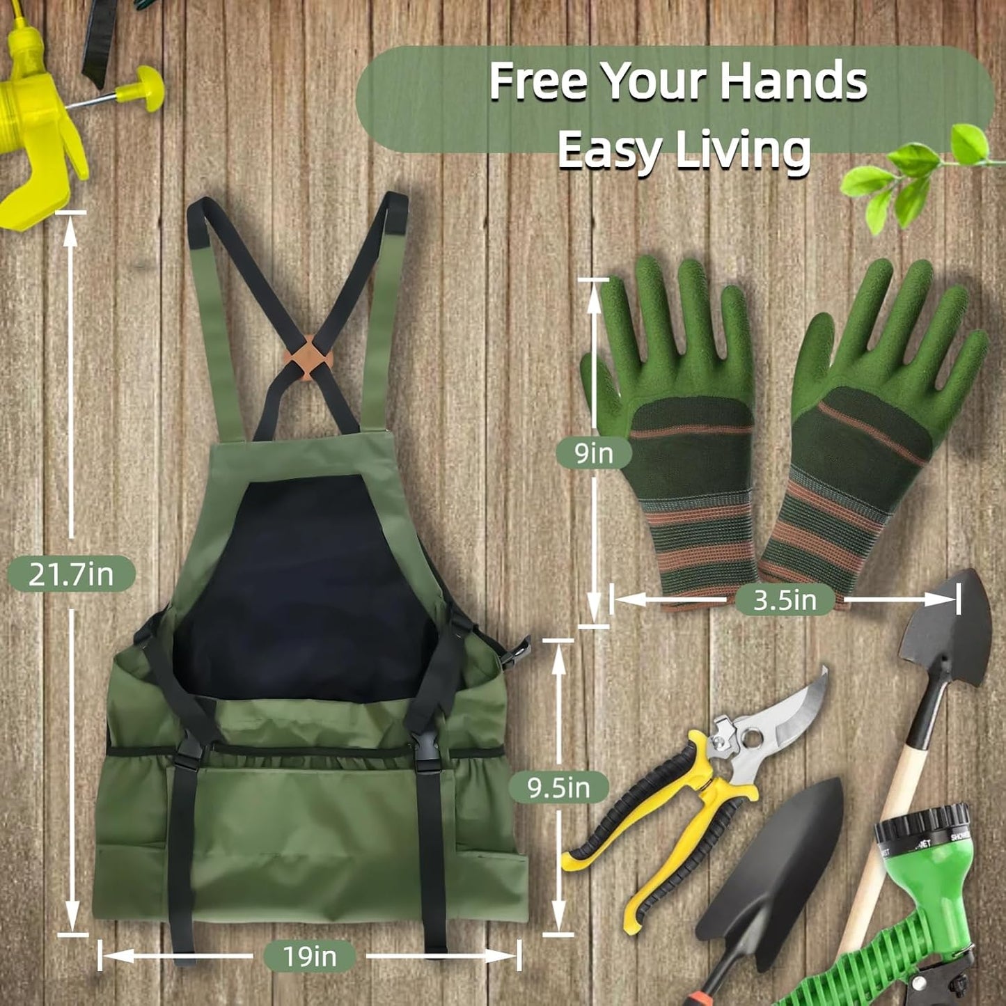 Garden Apron with Green Gloves-Adjustable Waist, Water-Repellent Garde