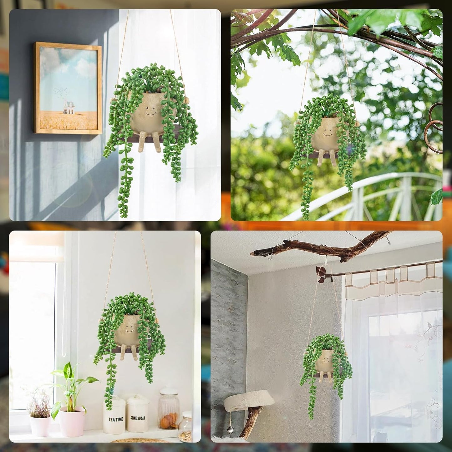 Artificial Hanging String of Pearls Succulent in Cute Smiley Face Swing Planter, Fake Trailing Succulent Plant for Indoor Outdoor Home Wall & Window Decor | Includes Hanging Hook