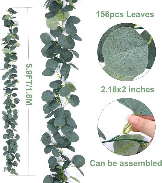 2 Pack Artificial Eucalyptus Garland Faux Silk Leaf Silver Dollar Eucalyptus Leaves Vines Handmade Garland Greenery Wedding Backdrop Indoor Outdoor Arch Wall Decoration