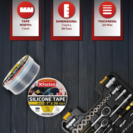XFasten Self Fusing Silicone Tape Waterproof – 1" x 36 Feet Black, Self Amalgamating Tape, Silicone Rubber for Plumbing, Sealing Pipes, Hose Repair, Outdoor Coax and Electrical Cables – Weatherproof