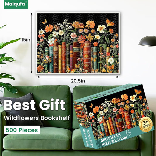 500 Piece Puzzle for Adults | Vintage Wildflowers Books Puzzle | Recyc