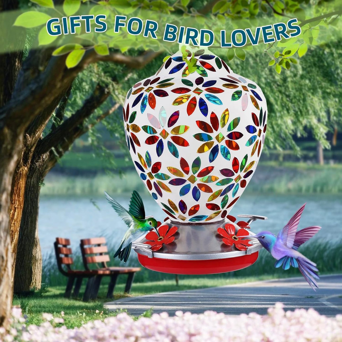 VOREEN Glass Mosaic Hummingbird Feeders, 35OZ with Ant Moat & 4 Feeding Ports, Hand Blown Glass Outdoor Hanging Porch Garden Backyard Decor, Mom Wife Friend'Gift, Flowers Design