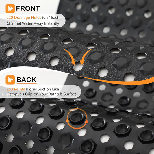 Yimobra Bath Tub Mat Non Slip, 34.5"x15.5" Long Shower Mat, Machine Washable Bathmat with Drain Holes and Suction Cups, Soft on Feet, Bathroom Essentials, Black