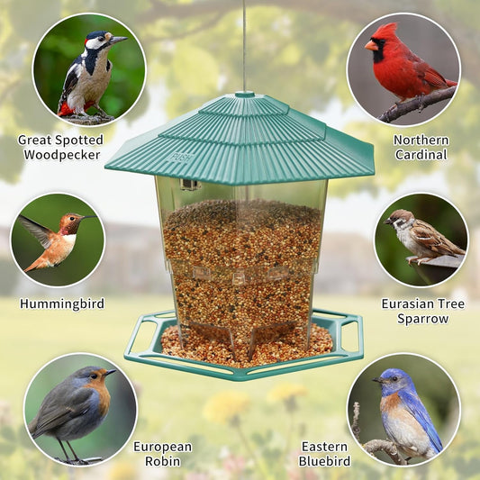 Bird Feeder for Outdoors Hanging,Green Hanging Wild Bird Feeders with S Hook for Blue Bird, Cardinals, Finches,Wild Birds Seed Feeder, As Gift for Bird Lovers