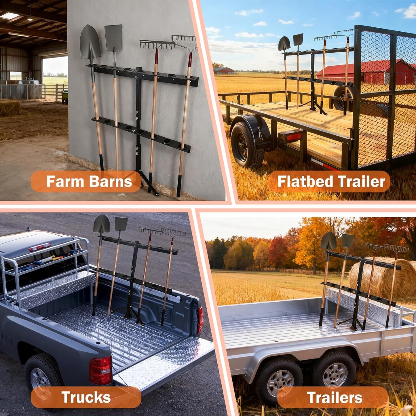 Trailer Tool Rack with Rubber Grommets & Reinforced Base –Heavy Duty 8-Hole Steel Shovel Holder Holds Shovels, Rakes, Hoes for Open Trailers, Trucks & Lawn Care Equipment