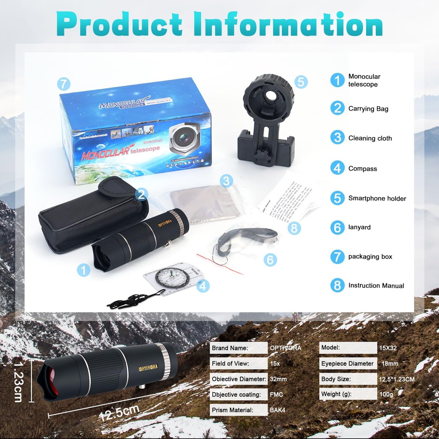 15×32 Mini Telescope for Adults High Powered,Compact Size,Ideal for Use as a Small Monocular for Bird Watching,Pocket Telescope Adults for Outdoor Activities to Use,with Smartphone Adapter
