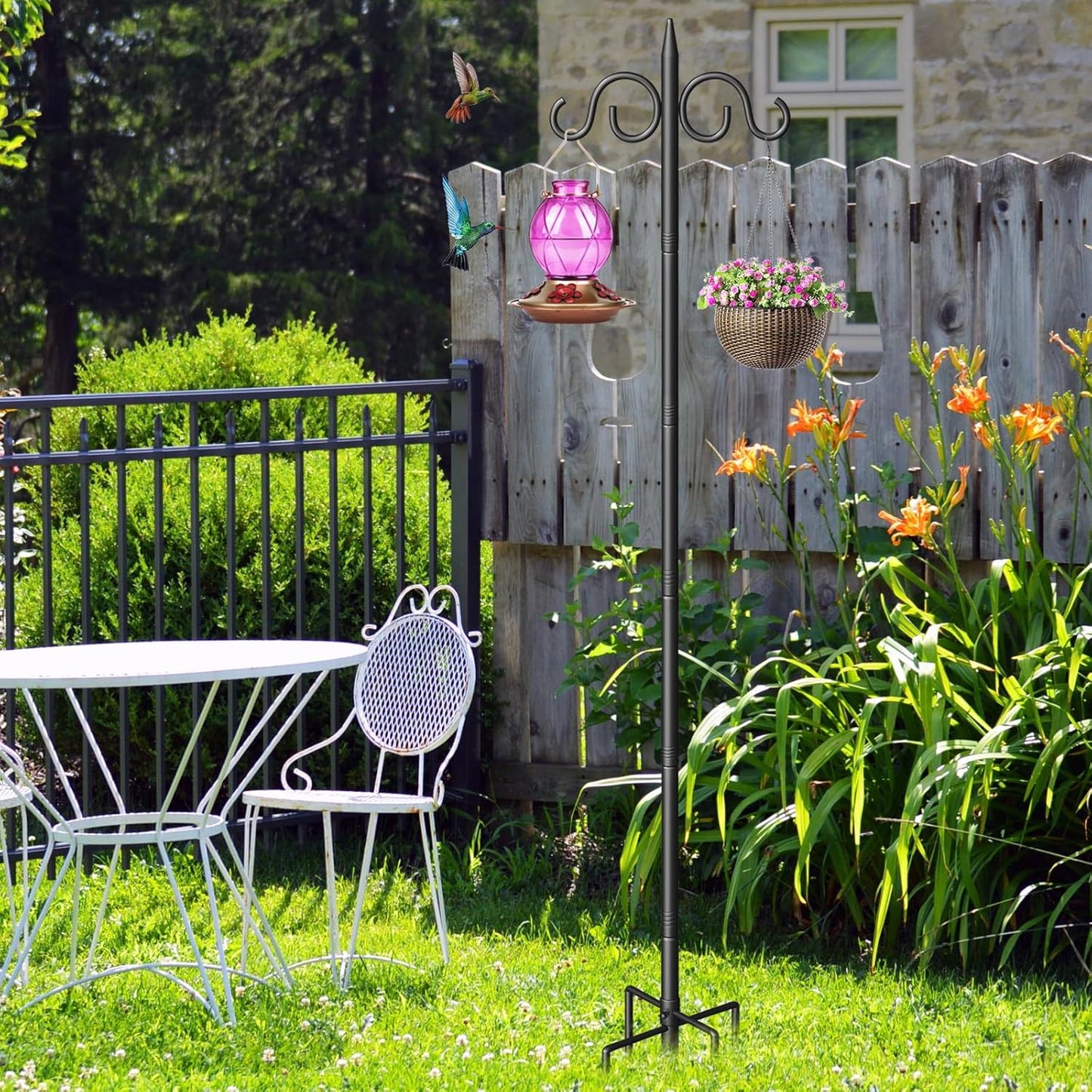 Double Shepherds Hooks for Outdoor, 108 Inch Heavy Duty Bird Feeder Pole with 5 Prongs Base, Adjustable Shepherds Hook for Bird Feeder, Garden, Weddings, Hanging Plant, 1 Pack