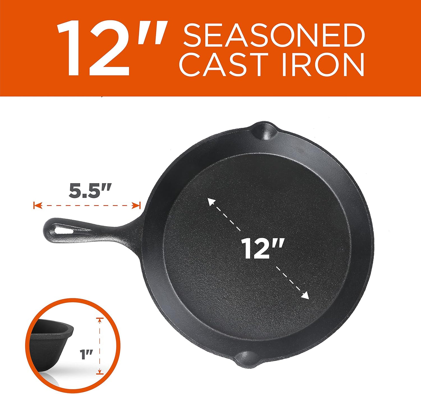 Commercial CHEF 3-Piece Cast Iron Skillet Set – 8 inch, 10 inch, and 1