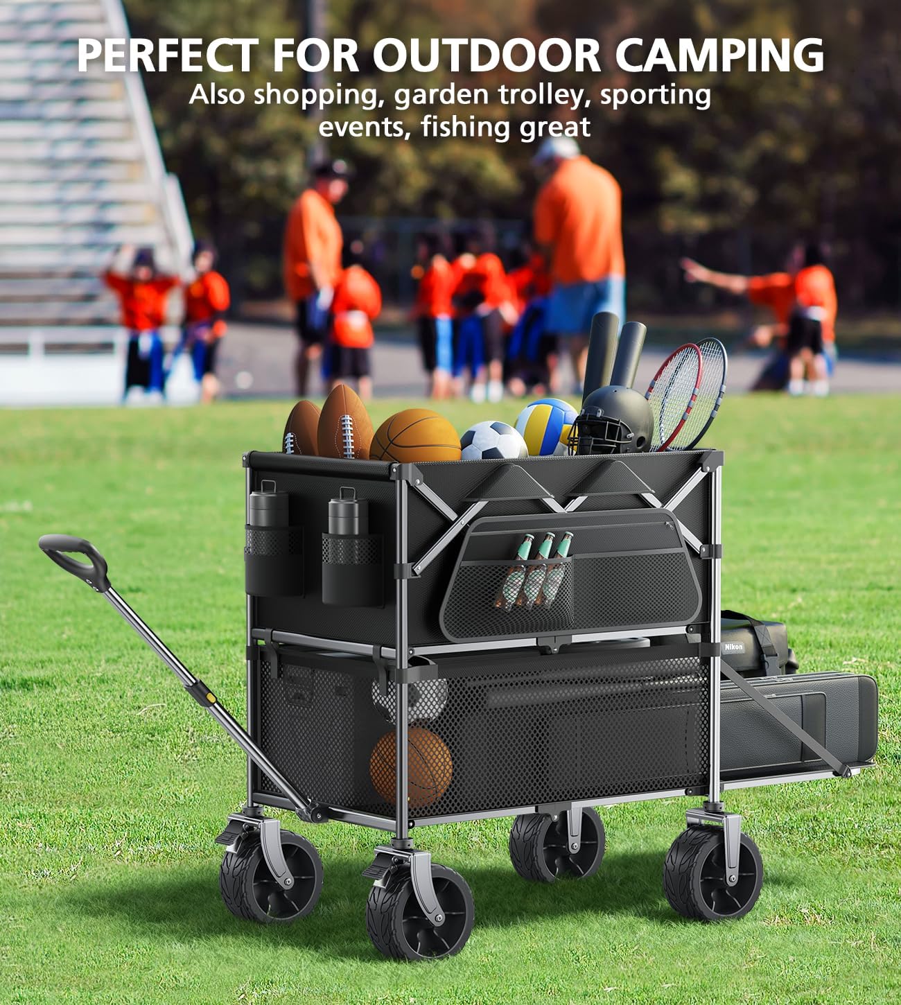 480Lbs Foldable Double Decker Wagon Cart,Beach Carts with Large Wheels&Side Storage Pocket&Dustbag,Large Capacity Folding Wagon for Shopping,Garden,Camping,Fish,Sports-Black