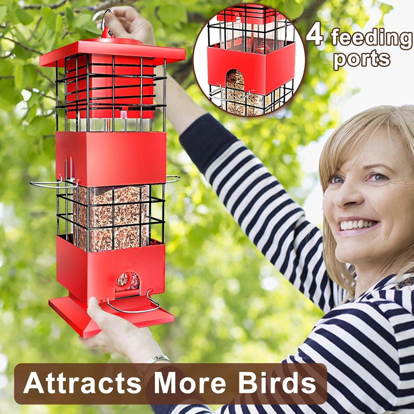Bird Feeders Squirrel Proof for Outdoors, 3LBS Metal Hanging Bird Feeders, Weight-Activated Perches Anti-Squirrel Birdfeeder for Blue Jay, Cardinal, Outside (Red)