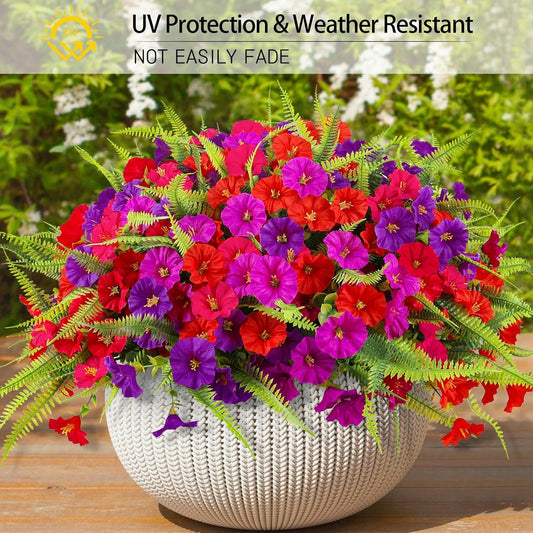 Artificial Flowers for Outdoors 12 Bundles Artificial Petunias Fake Flowers UV Resistant Shrubs Plants with Fern for Indoor Outside Hanging Planters Home Garden Spring Summer Decorations