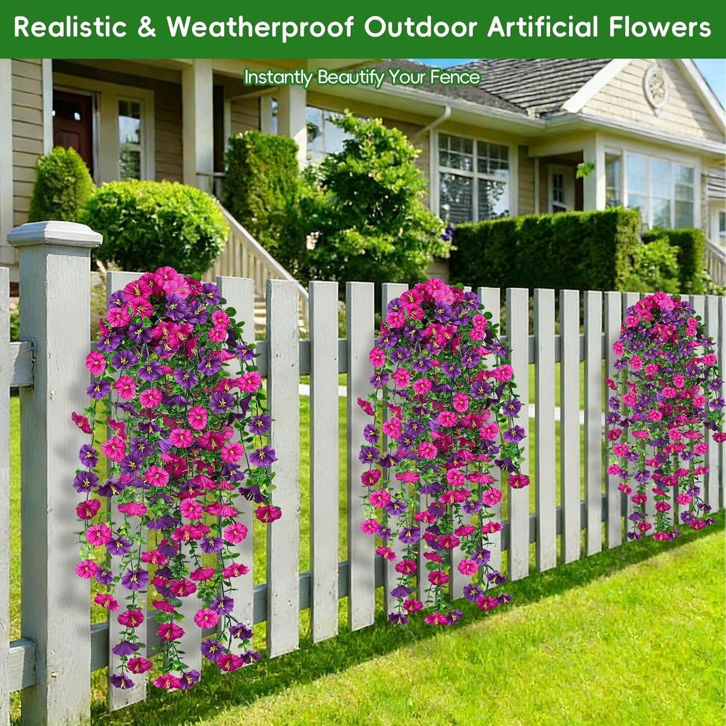 Artificial Hanging Flowers for Outdoor, 4Pcs UV Resistant Faux Morning Glory Flower Spring Summer Decroation, No Fade Fake Flower Trailing Vine for Porch Patio Balcony Yard Garden, Purple+Light Purple