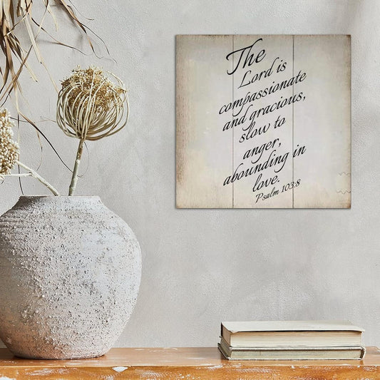 LITTLEGROVE SEEDS Rustic Bible Verse Wood Signs The Lord Is Compassionate And Gracious Psalm 103:8 Sign Farmhouse Family Wall Art Rustic Wall Decor for Home Man Cave Gate Garden Bars Cafes 12x12in