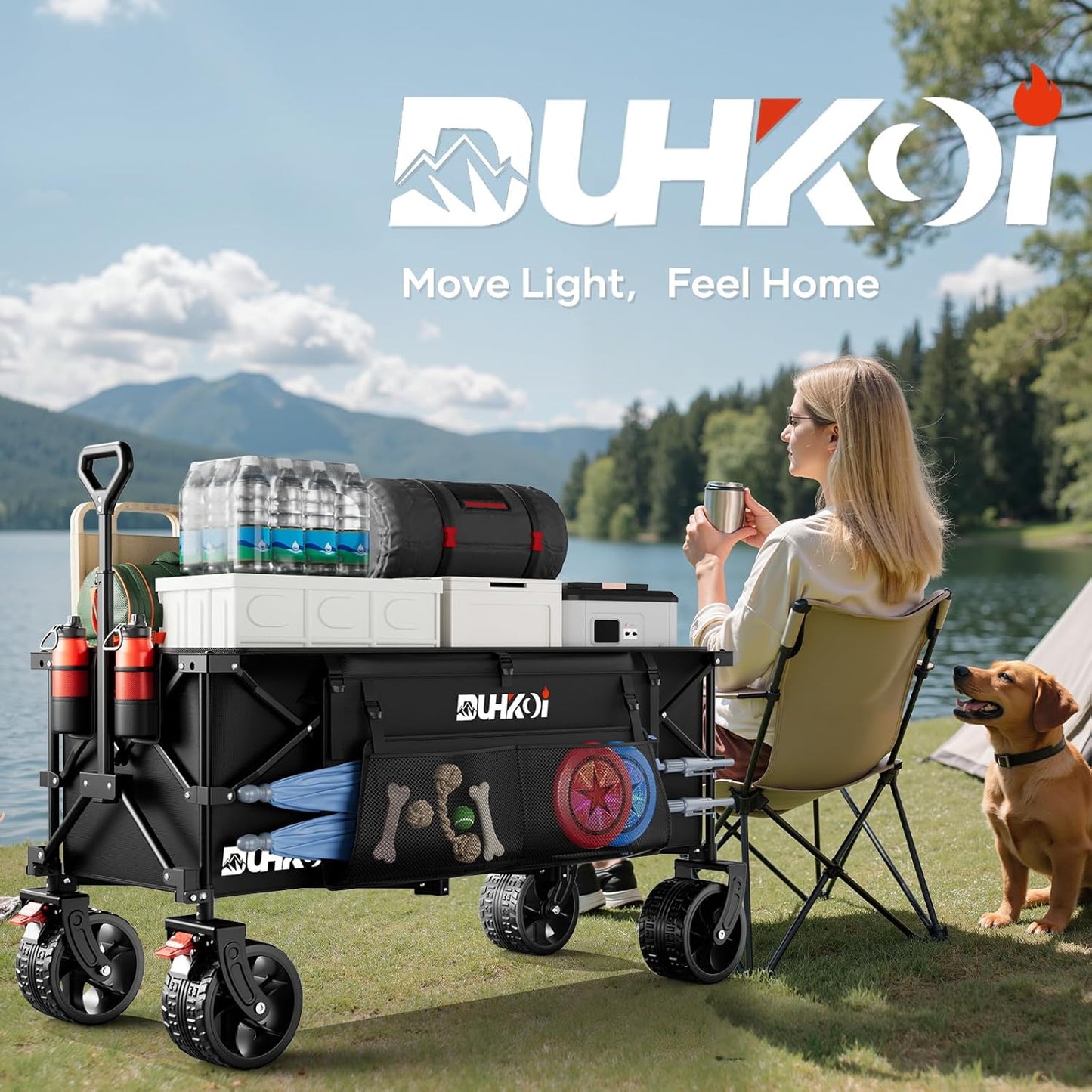49" L Collapsible Extended Wagon with 500lbs Weight Capacity,300L Heavy Duty Sports Wagon,Big All-Terrian Wheels with Cup Holders,Cart for Sports,Grocery,Shopping