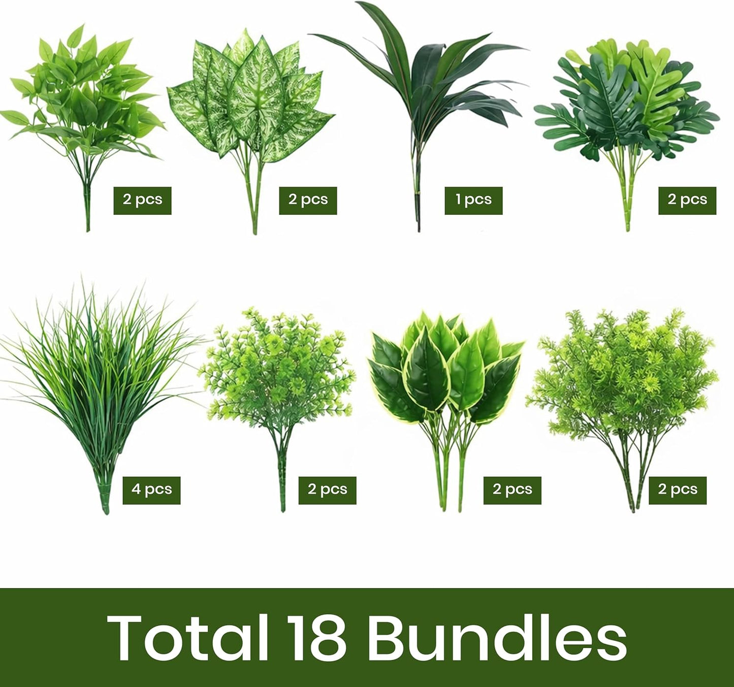 Artificial Plants, Green Foliage Arrangement with Planter Pot, UV Resistant Plastic, 15x11x4 Inches, Outdoor Patio Decoration