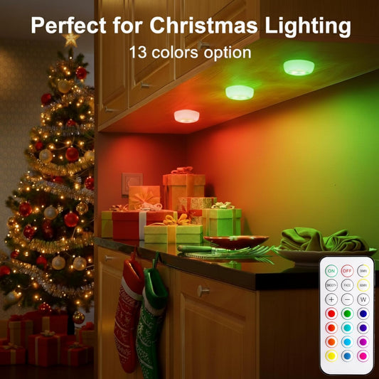 BLS LED Puck Lights with Remote Control, Wireless Under Cabinet & Closet Lighting, RGB 13 Color Changing Lights with Dimmer, Timer & AA Battery Operated, Push, Touch, Stick on for Night, White, 6 Pack
