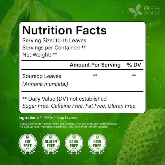 FreshDrinkUS, 240+ Premium Soursop Graviola Dried Leaves Tea, 230-250 Whole Soursop Leaves, Wildcrafted, Graviola , Guanabana , Hoja Guanabana, Loose Leaf Herbal , No Gluten, Vegan