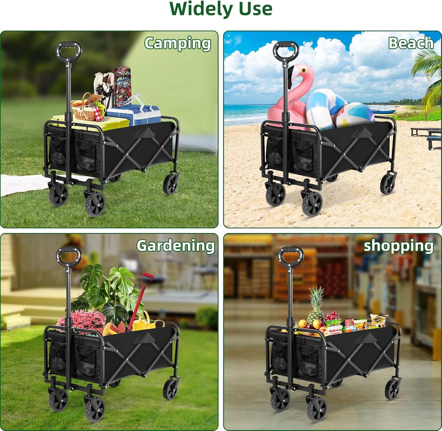 Collapsible Wagon Cart Foldable, Utility Pull Wagon, Portable Camp Garden Cart for Grocery, Camping, Shopping, Sports, Garden with Large Capacity