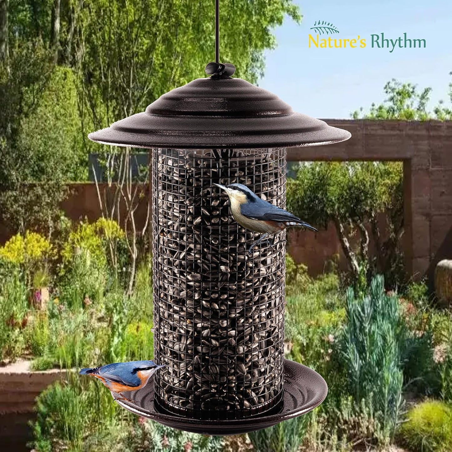 Nature's Rhythm Metal Mesh Bird Feeder, Cylindrical Feeder with Dome Lid, Holds 2.5lb of Seed, Suitable for Multiple Seeds and Birds