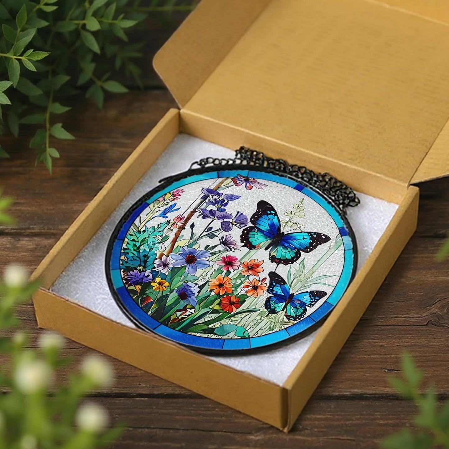 Stained Glass Window Hanging, 8 Inch Butterfly Sun Catchers Indoor Win