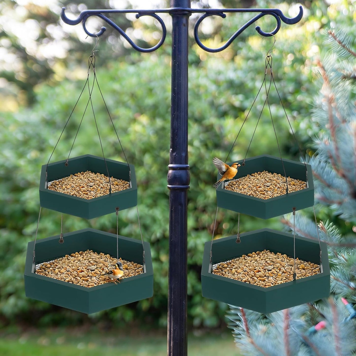 2 Pack 2 Tier Large Platform Bird Feeders for Outdoors Hanging Green Pine Wood Flat Birds Feeder Tray Outdoor Wild Bird Seed Feeder and Decor, Hexagon
