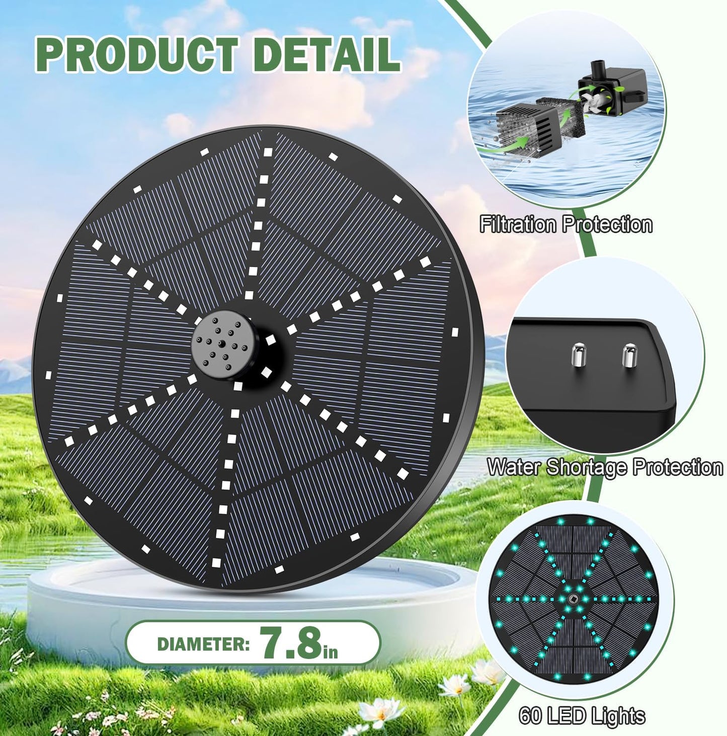 Yzert Upgraded Solar Fountain Bird Bath with 60 LED Lights, Solar Powered Water Fountain Pump with 4000mAh Battery 7 Nozzles 4 Fixers, for Garden Patio Pond Birdbath Pool