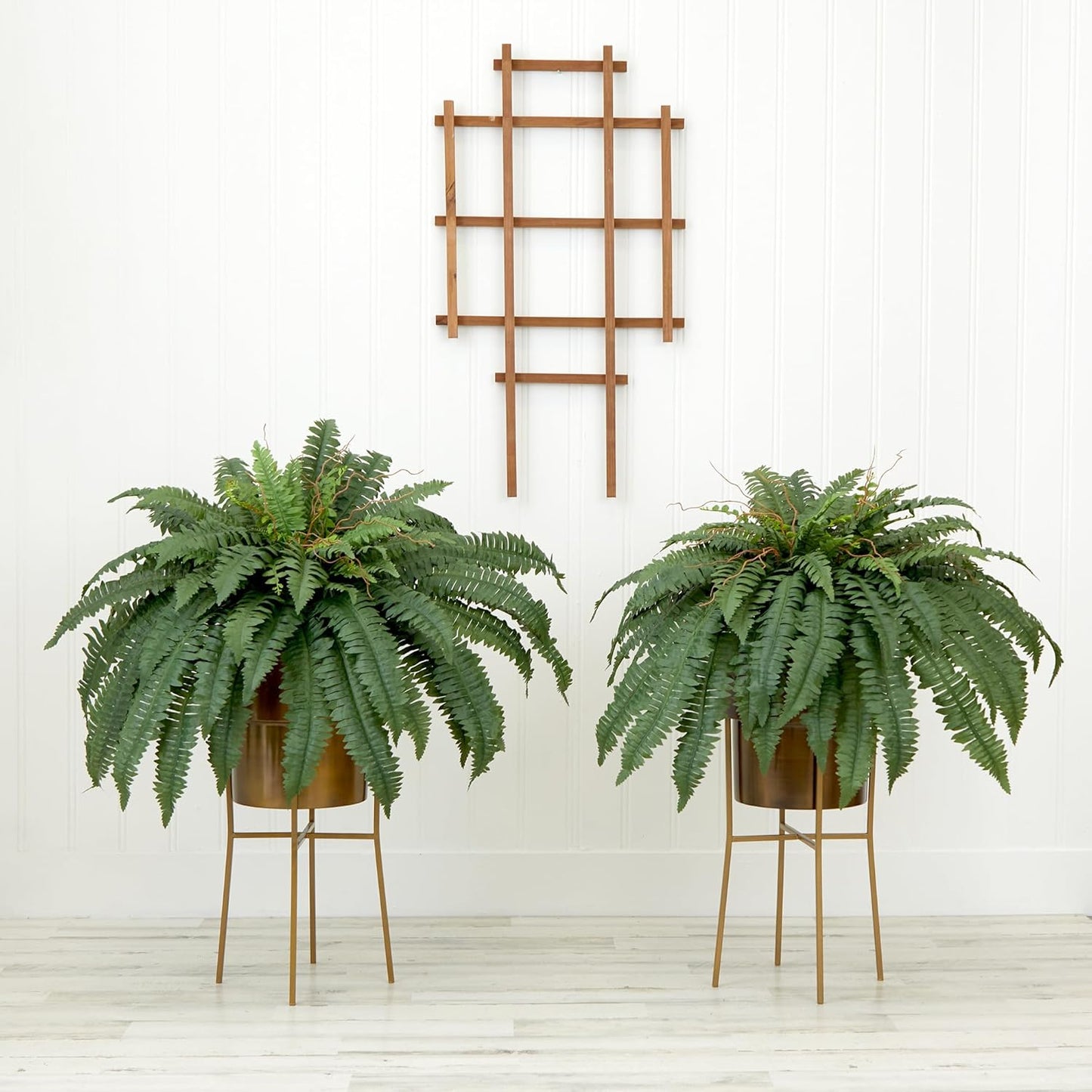 Nearly Natural 32in. Artificial Boston Fern Plant with Metal Planter with Stand DIY KIT (Set of 2)