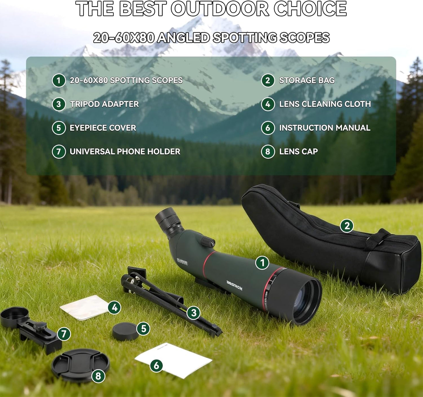 20-60x80 Spotting Scope - Spotting Scopes with Tripod Phone Holder, BAK4 FMC Waterproof Spotter Scope for Bird Watching, Target Shooting, Stargazing Dark Green