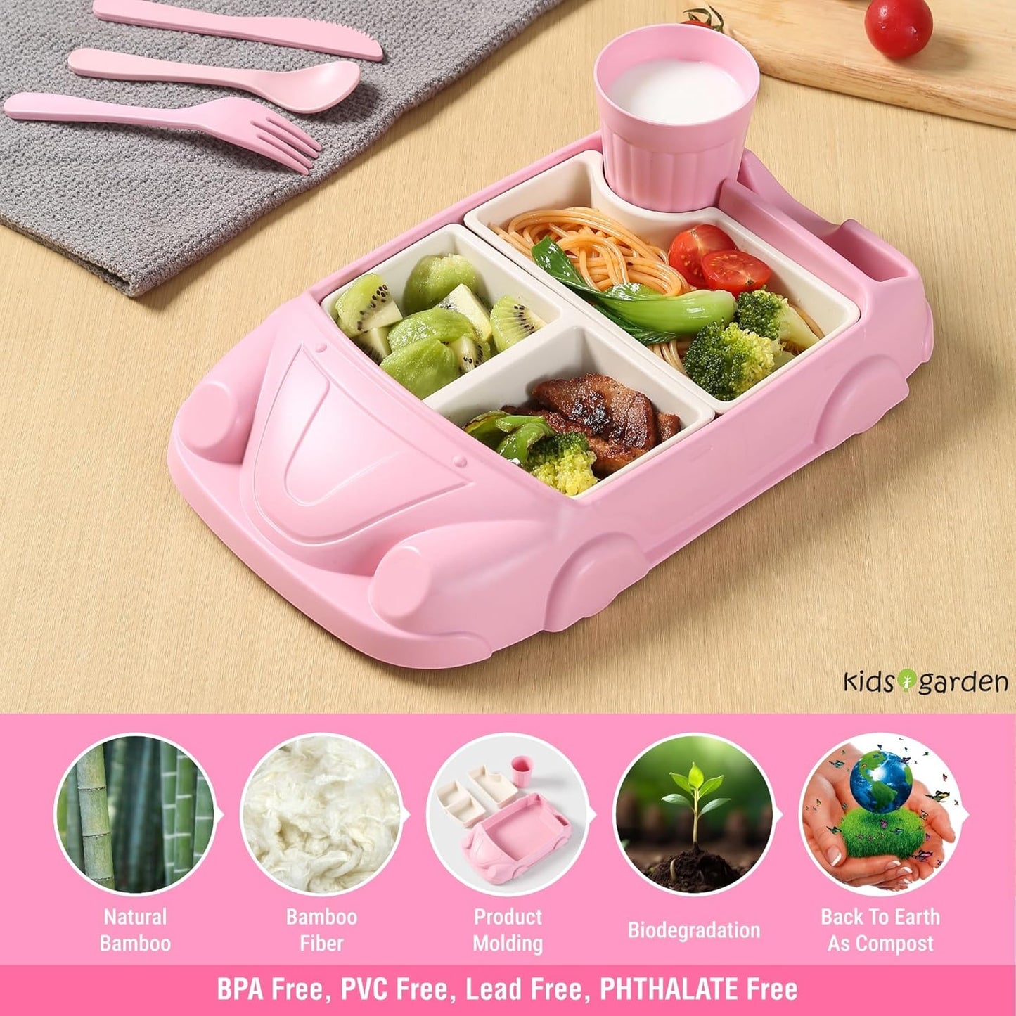 Kids garden Car Plate 8Pcs/Set Bamboo Children Dinnerware Sets - Dishw
