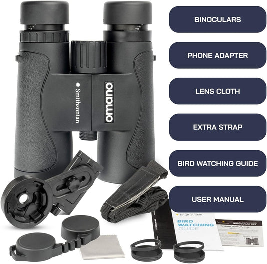 Smithsonian Adult Birding Binoculars - 10x42, Phone Adapter, Diopter Adjustable - Ideal for Hiking, Travel - Includes Bird Watching Guide